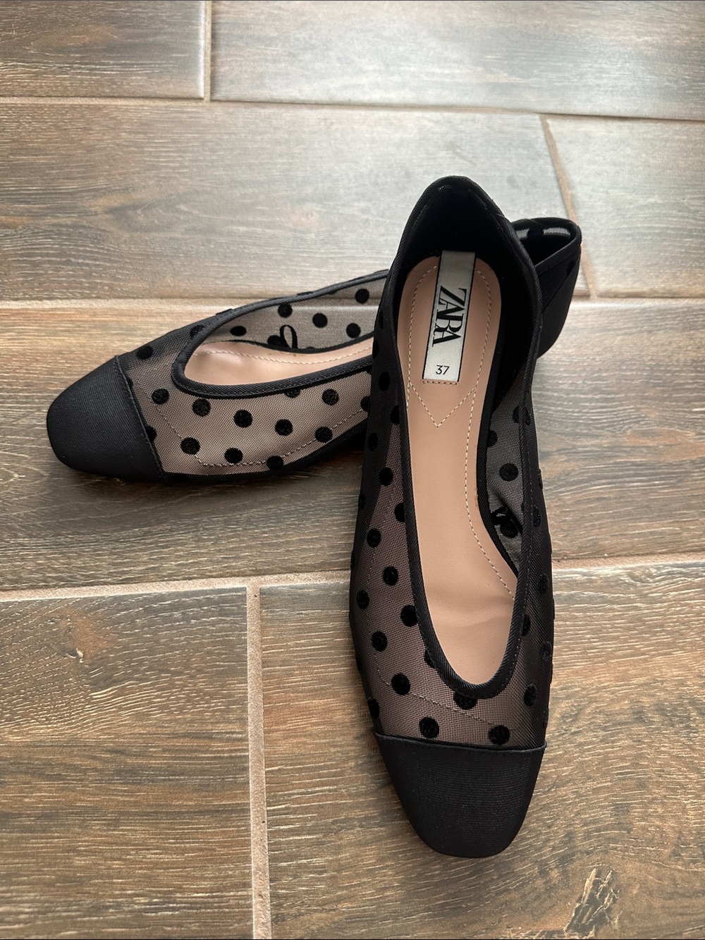 Zara Black Polka Dot Mesh Ballet Flats Square Toe Ballerinas 37